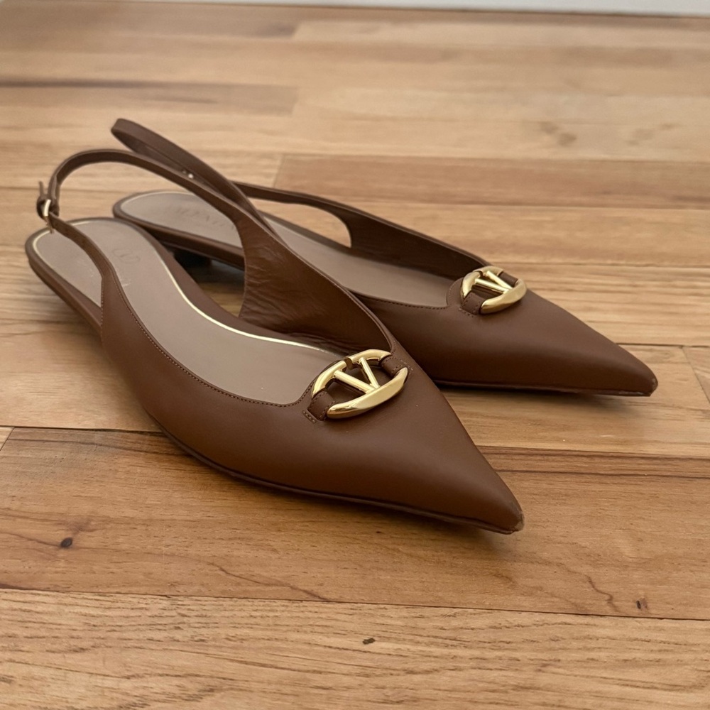 Valentino Garavani Brown Leather Pointed Slingback Flats with Gold Logo